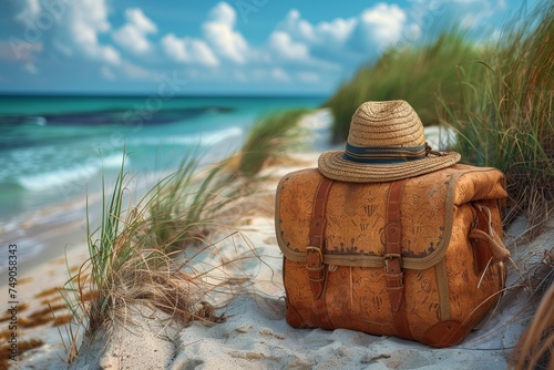 Stylish leather backpack with a sunhat on a calm beach dunes with sea in the background photo