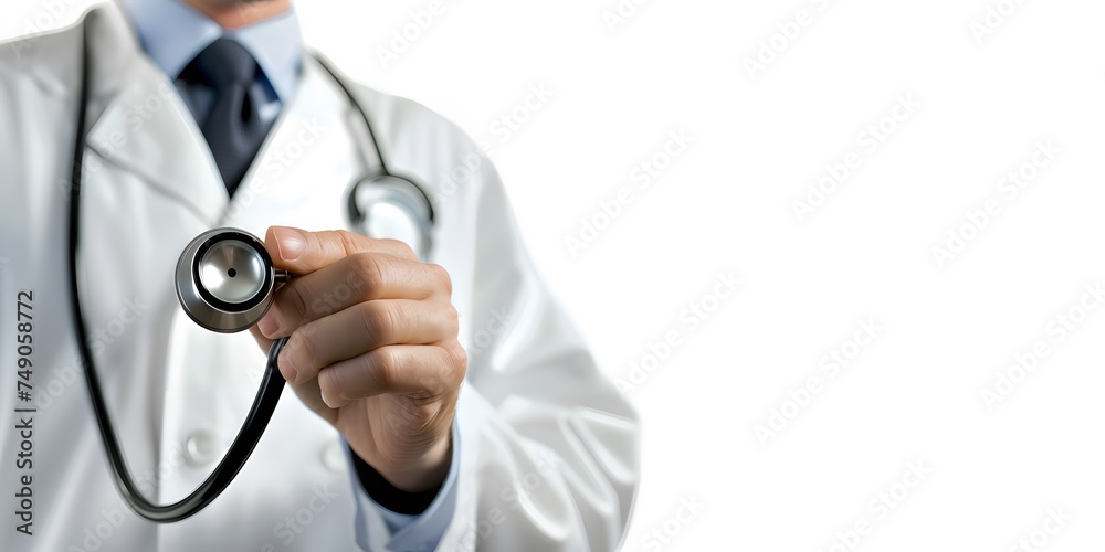 A doctor with a white coat wearing a stethoscope with copy space A doctor with a white coat wearing a stethoscope with copy space