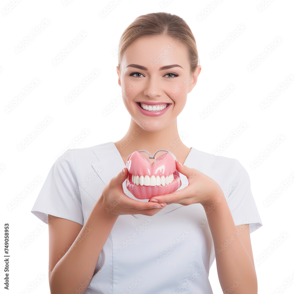 Portrait of a smiling female dentist holding a tooth model, isolated on transparent background Portrait of a smiling female dentist holding a tooth model, isolated on transparent background