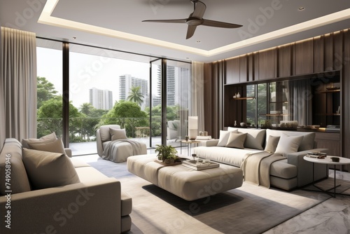 Floor-to-ceiling windows offer stunning views of lush tropical scenery in this modern living room. Elegant furniture and calming colors create a perfect ambiance for relaxation and hosting guests.