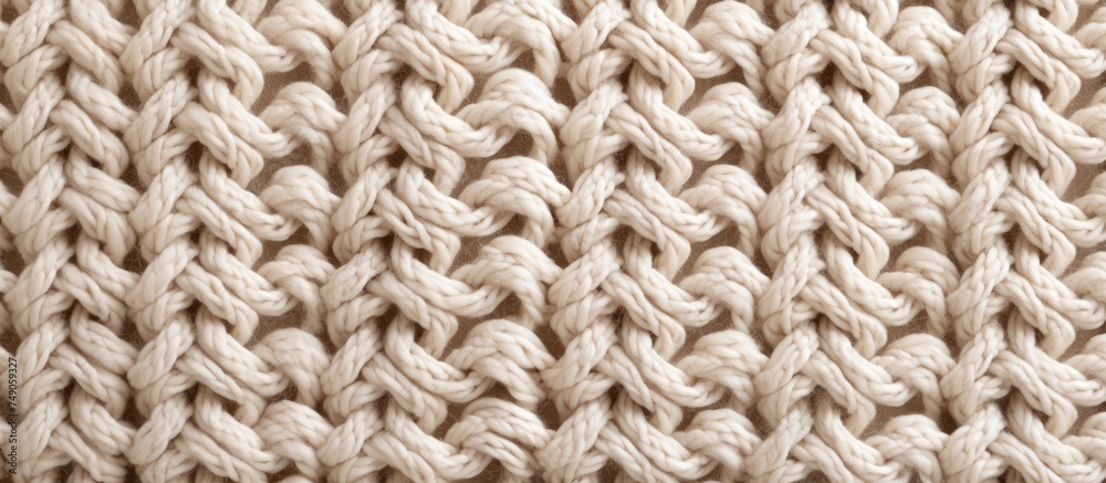 This close up view showcases the intricate details of a knitted beige blanket, highlighting the textured pattern and warmth of the fabric. This close up view showcases the intricate details of a knitted beige blanket, highlighting the textured pattern and warmth of the fabric.