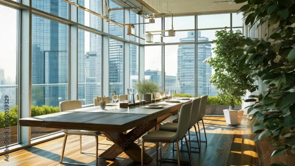 Dining Room With Large Wooden Table Surrounded by Tall Buildings Dining Room With Large Wooden Table Surrounded by Tall Buildings