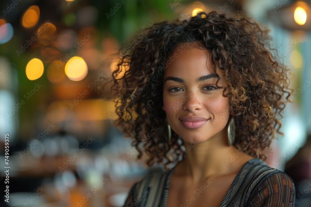 A portrait of a young, confident woman with curly hair and a gentle smile in a cafe setting A portrait of a young, confident woman with curly hair and a gentle smile in a cafe setting