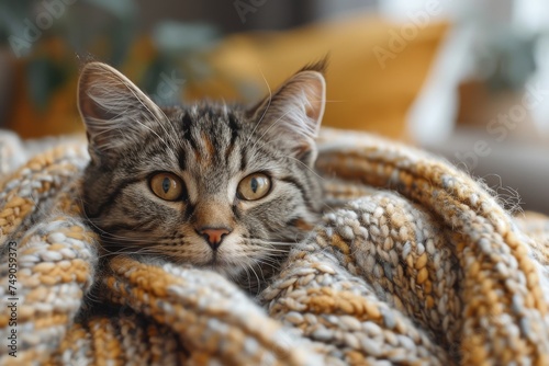 A tabby cat's striking gaze captures the viewer as it nestles comfortably within a soft, woven blanket in a home setting