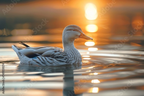 Serene mallard duck gently floating on a calm pond as the golden sunset reflects off the water creating a tranquil scene photo