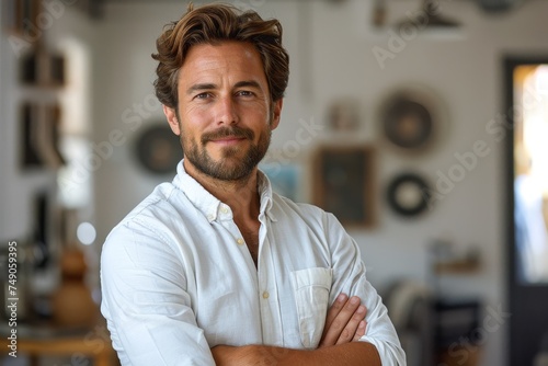 A professional looking man standing confidently with arms crossed and smiling casually in a home environment photo