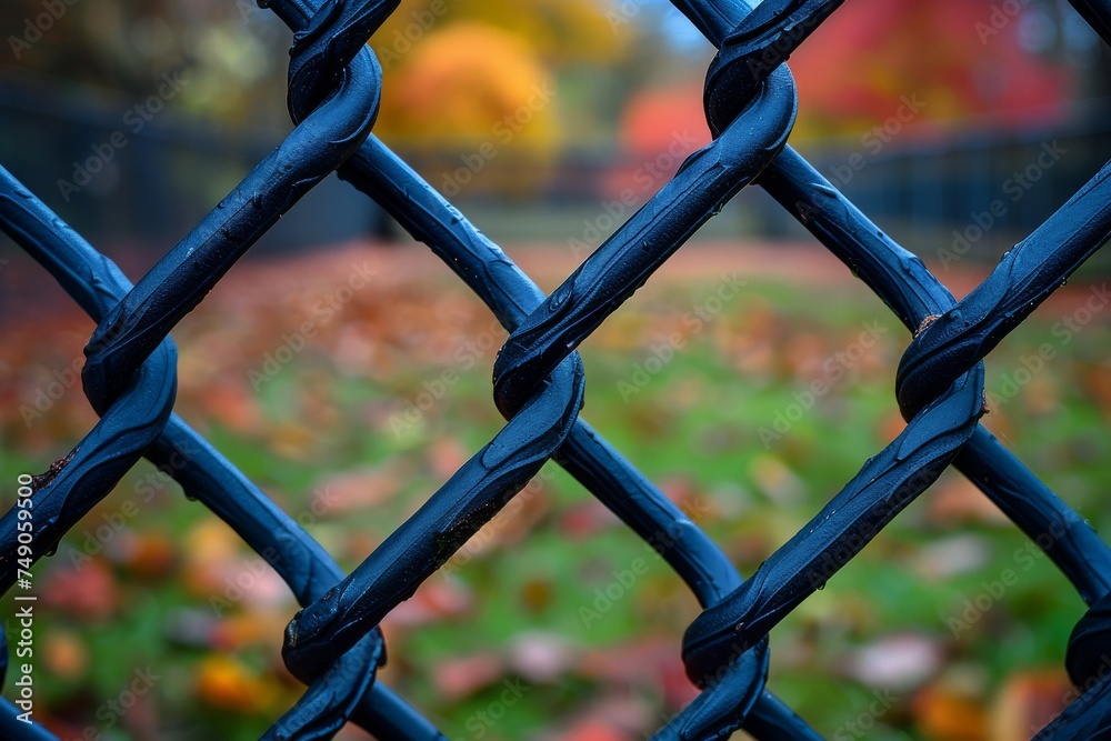 A twist in a blue metal chainlink fence, focused and crisp, stands out against a vibrant fall foliage backdrop A twist in a blue metal chainlink fence, focused and crisp, stands out against a vibrant fall foliage backdrop