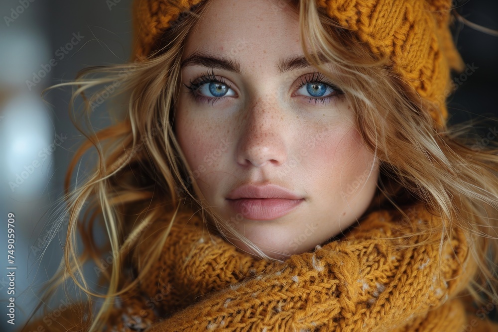 Portrait of a young woman wearing a matching knitted hat and scarf with blue eyes Portrait of a young woman wearing a matching knitted hat and scarf with blue eyes