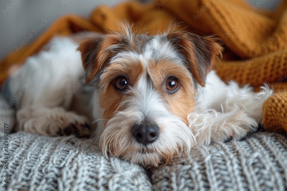 Close-up image capturing an adorable puppy sleeping peacefully on a grey knitted blanket, evoking warmth and comfort Close-up image capturing an adorable puppy sleeping peacefully on a grey knitted blanket, evoking warmth and comfort