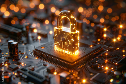 Semiconductors, circuit boards, and CPUs that are protected against confidential data leaks. Golden hologram padlock. Sensitive information protection, industrial espionage and cyber security concept.