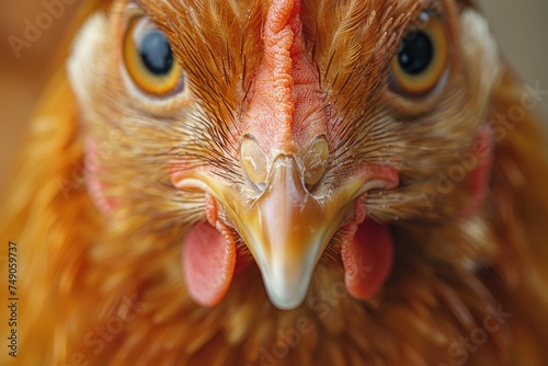 Macro shot of an orange chicken's face, capturing the sharp detail in its intense gaze photo