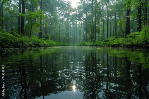 Serene lake surrounded by dense foggy forest with tall trees and lush ferns reflecting on calm water surface