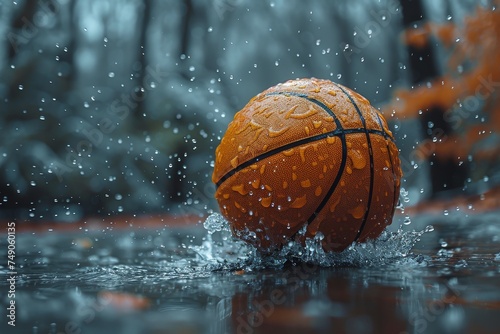 A basketball creates a splash as it bounces on a water-logged surface, depicting rain play