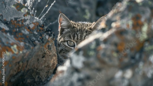 A curious and elusive creature peers out from behind a rocky outcropping its piercing eyes and sleek fur blending perfectly with the surrounding landscape.