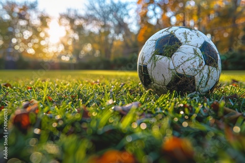 Early morning sun rays cast upon a worn soccer ball in the fresh dewy green grass of a park photo
