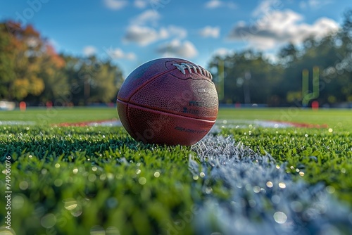 An American football perfectly placed on the field with a goalpost backdrop during sunset time