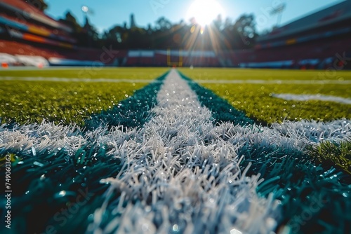 A unique low-angle view of an empty football field with distinctive white lines and vibrant turf photo