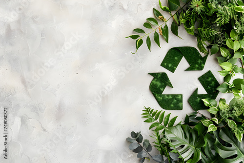Eco recycling sign with green leaves and plants on light background. Environmental problems and protection. World environment, Mother Earth day. Waste reuse concept. Caring for nature and ecology photo
