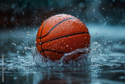 A vibrant basketball drenched in rainwater, making a splash on a wet surface, showcasing the energy of sports © svastix