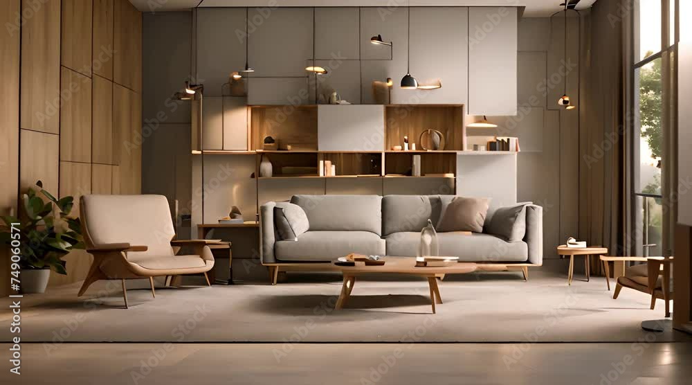 Modern interior of living room with wooden cabinet and armchair home design 3d animation rendering