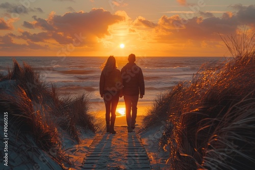 An affectionate couple strolls down a wooden path towards a sunset on the beach, evoking feelings of romance and togetherness photo