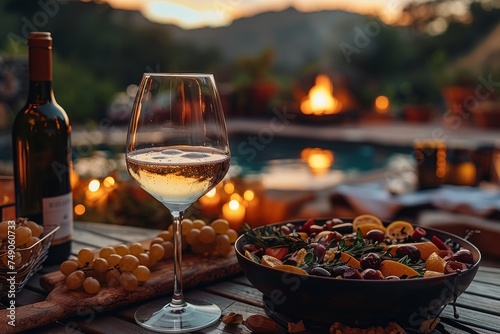 A serene setting with a glass of white wine next to a fruit bowl on a wooden table overlooking a pool with a warm, inviting sunset in the background
