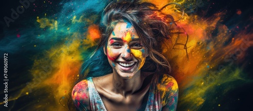 A young woman with a cheerful expression is smiling, her face and body adorned with colorful paint. She stands against a black background, embodying the festive spirit of a Holi paint party.