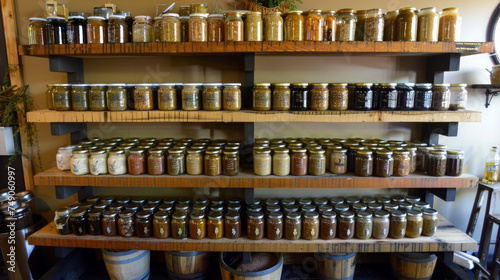 Wallpaper Mural Shelves stacked with jars of locally made sauces dressings and condiments using locally grown herbs and es. Torontodigital.ca