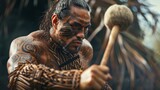 A Maori warrior gracefully twirls a poi weighted ball on a string in one hand while holding a mere short club in the other ready to strike at a moments notice.