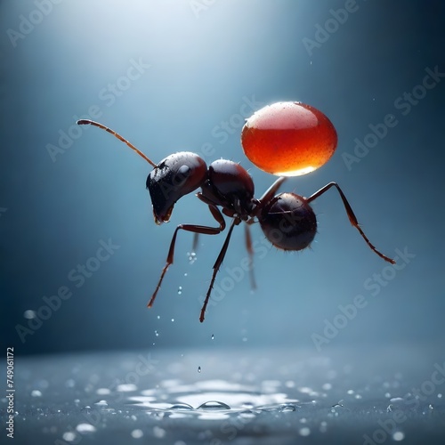 An ant marches on, undeterred by the raindrops around it, showcasing its incredible perseverance in the face of nature's elements. AI generation photo