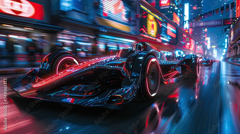 A sleek futuristic racecar streaks through a neon-lit city