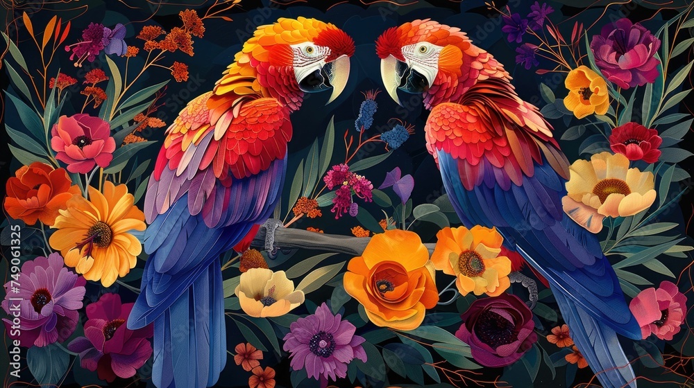 Obraz premium Colorful illustration of parrots among floral elements