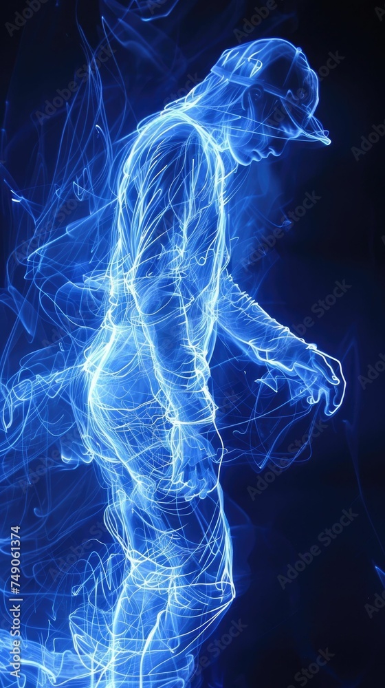 Abstract image of a man outlined with dynamic blue light streaks Abstract image of a man outlined with dynamic blue light streaks