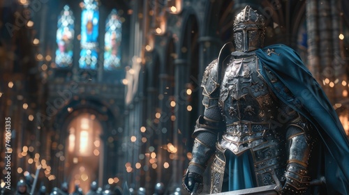 A knight stands guard in a cathedral hall