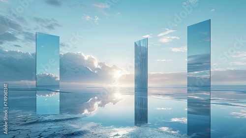 Mirrored monoliths reflect sunrise in a serene, flooded landscape