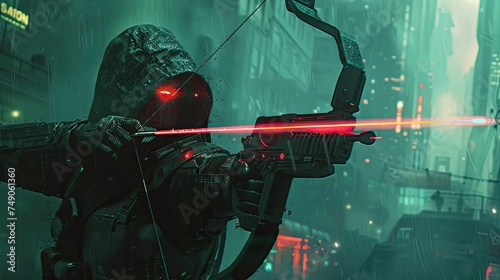 A hooded archer with a glowing bow stands in a rainy, neon-lit cityscape