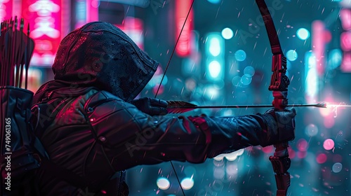 An archer in futuristic armor aims a laser arrow amid neon city lights photo