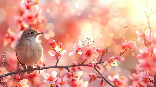 Bird perched on a cherry blossom branch in bloom