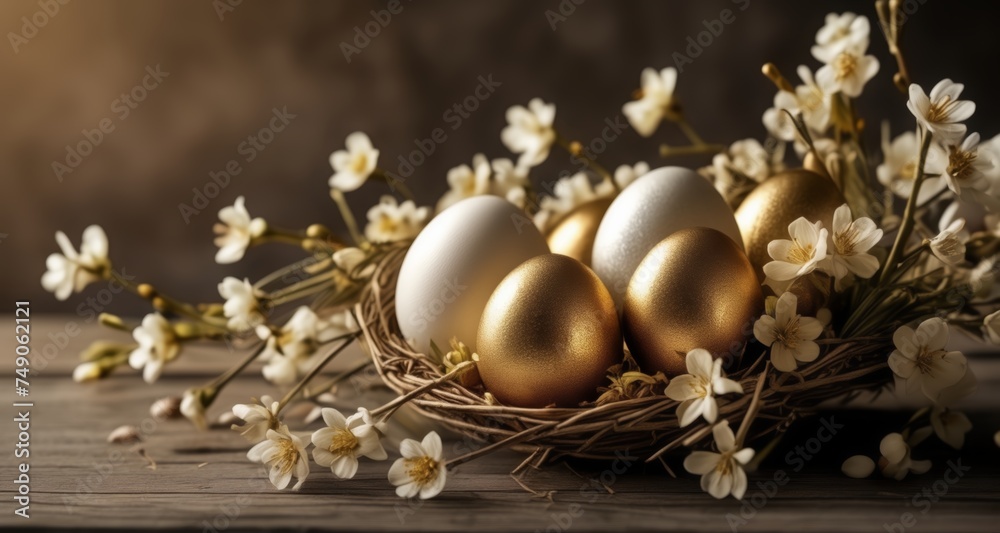 Fototapeta premium Elegant Easter - Gold and white eggs nestled in a floral basket