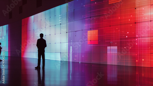Silhouette of a person observing colorful data visualization wall