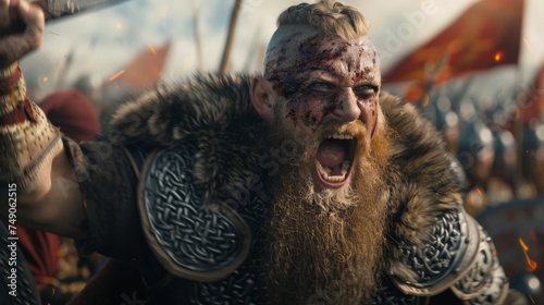 With a sharp battleaxe in each hand a pair of Viking Berserkers charge into battle their fierce expressions and battle cries striking fear into the hearts of their enemies. photo