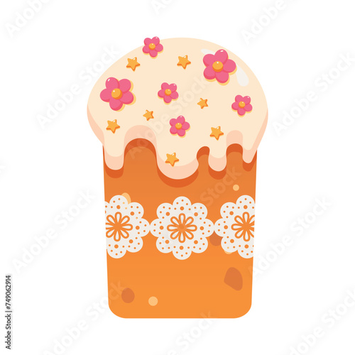 Easter cake with flowers. Hand drawn easter cake with sprinkles. Happy Easter element for greeting card or banner with hand drawn easter eggs, cake and flowers. Vector flat isolated 