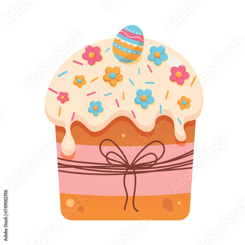 Easter cake with eggs and ribbon. Set of  hand drawn easter cake with eggs. Easter cakes. Happy Easter element for greeting card or banner with hand drawn easter eggs, cake and flowers. Vector flat