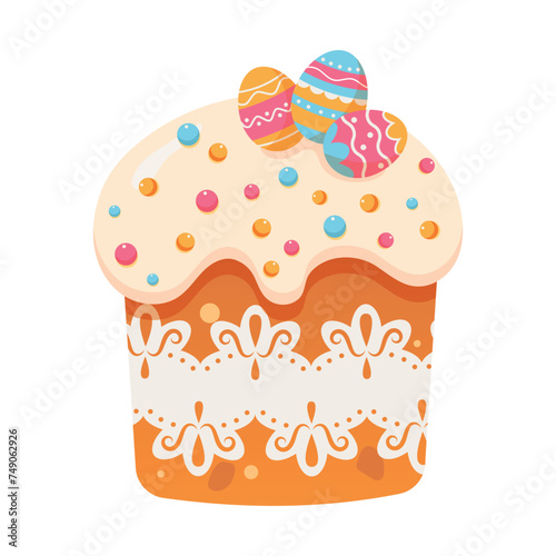 Easter cake with eggs. Hand drawn easter cake with 
sprinkles. Happy Easter element for greeting card or banner with hand drawn easter eggs, cake and flowers. Vector flat isolated 