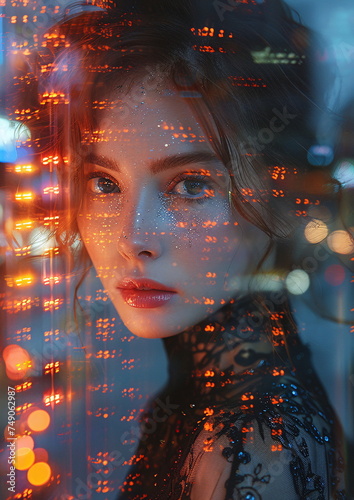 Elegant Woman in Sparkling Outfit Amidst City Lights at Night Through Glass