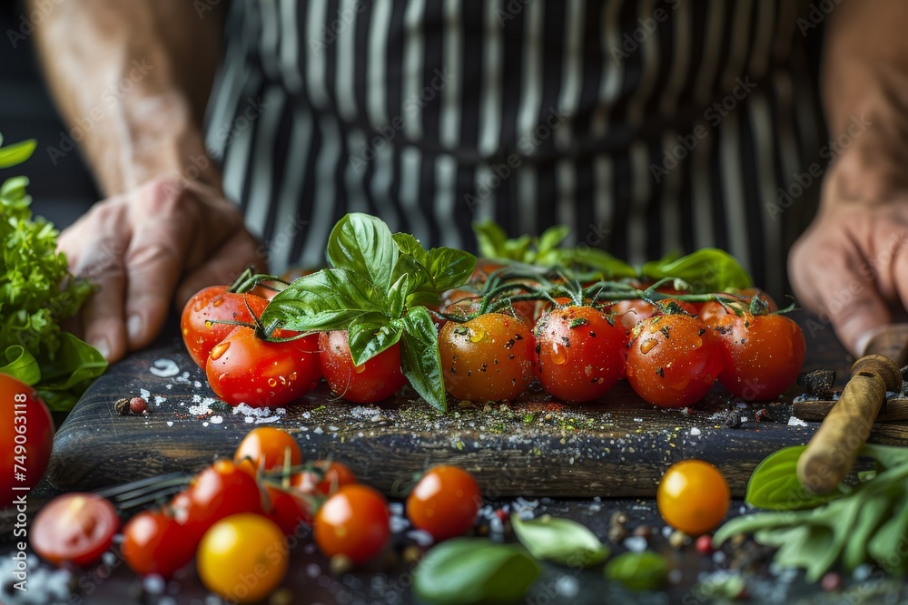 A chef's hands beautifully arranging ripe tomatoes and fresh basil for a culinary masterpiece, representing organic cooking A chef's hands beautifully arranging ripe tomatoes and fresh basil for a culinary masterpiece, representing organic cooking