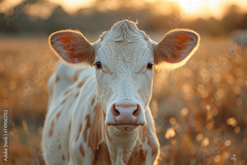 Up-close and personal, this portrait captures the innocence and calm demeanor of a cow during the magical golden hour