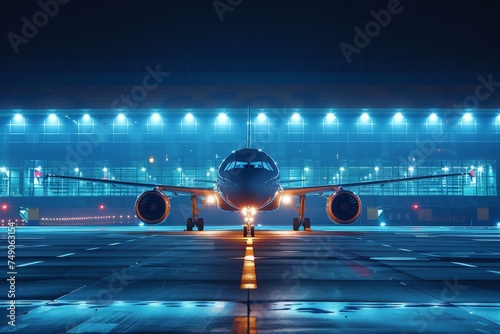 The impressive image of a commercial airplane, illuminated by vibrant neon lights, is poised on the tarmac ready for night departure