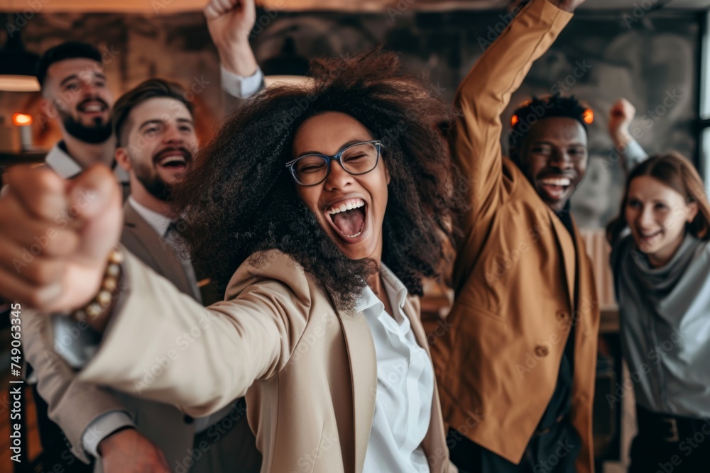 Business professionals celebrating in a office setting