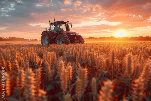 The serene sunset sets a dramatic backdrop as a tractor plows through a cornfield, representing tireless work in agriculture photo